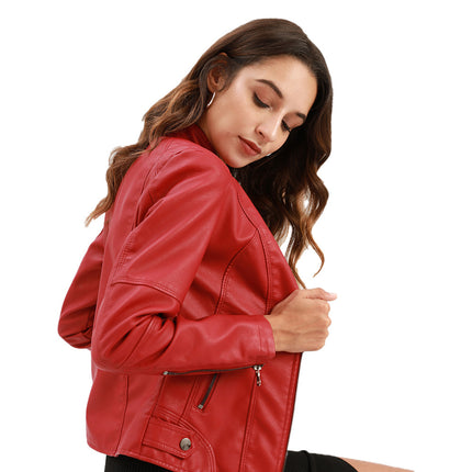 Women's Faux Leather Zipper Jacket,  Motorcycle Stand Collar Short PU Outer Slim Jacket