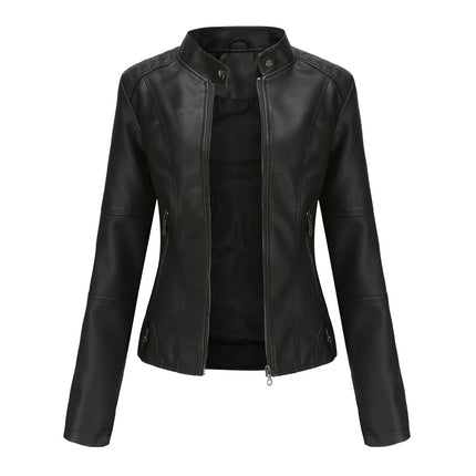 Women's Faux Leather Zipper Jacket,  Motorcycle Stand Collar Short PU Outer Slim Jacket