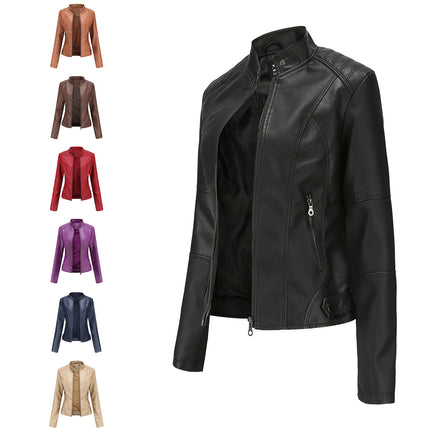 Women's Faux Leather Zipper Jacket,  Motorcycle Stand Collar Short PU Outer Slim Jacket