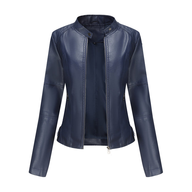 Women's Faux Leather Zipper Jacket,  Motorcycle Stand Collar Short PU Outer Slim Jacket