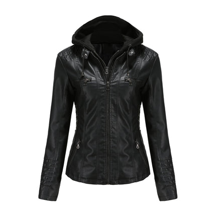 Women's Faux Leather Jacket Hooded Motorcycle Biker Jacket Full Zipper Pleated Casual Warm Jacket