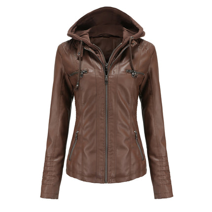 Women's Faux Leather Jacket Hooded Motorcycle Biker Jacket Full Zipper Pleated Casual Warm Jacket