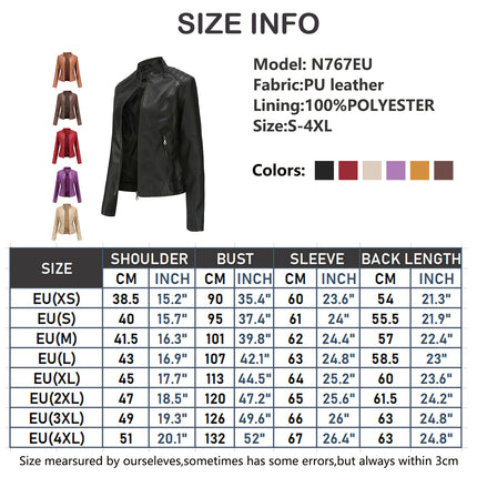 Women's Faux Leather Zipper Jacket,  Motorcycle Stand Collar Short PU Outer Slim Jacket