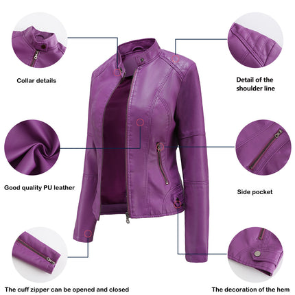 Women's Faux Leather Zipper Jacket,  Motorcycle Stand Collar Short PU Outer Slim Jacket