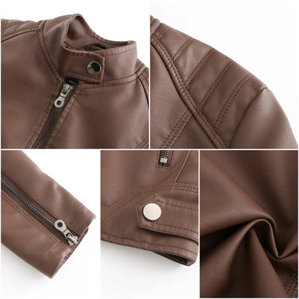 Women's Faux Leather Zipper Jacket,  Motorcycle Stand Collar Short PU Outer Slim Jacket