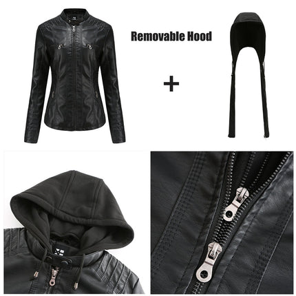 Women's Faux Leather Jacket Hooded Motorcycle Biker Jacket Full Zipper Pleated Casual Warm Jacket