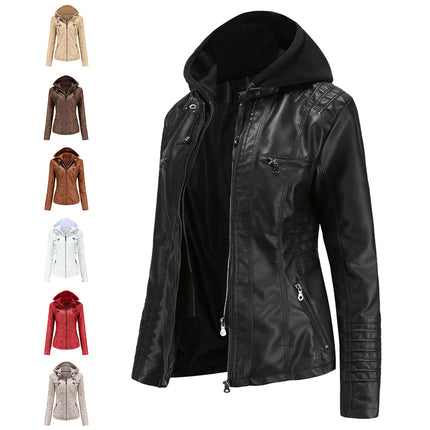 Women's Faux Leather Jacket Hooded Motorcycle Biker Jacket Full Zipper Pleated Casual Warm Jacket