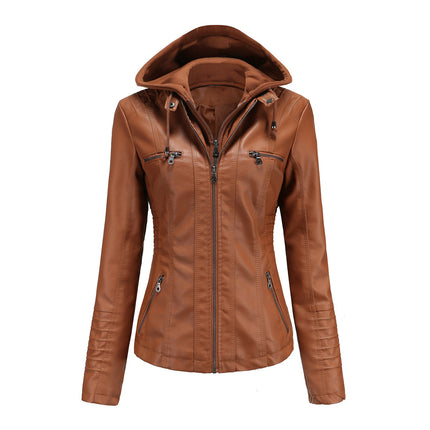 Women's Faux Leather Jacket Hooded Motorcycle Biker Jacket Full Zipper Pleated Casual Warm Jacket