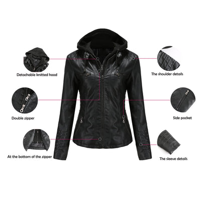 Women's Faux Leather Jacket Hooded Motorcycle Biker Jacket Full Zipper Pleated Casual Warm Jacket