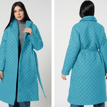 Women's Diamond Quilted Cotton Jacket Winter Lightweight Lapel Tie Mid-Length Casual Jacket