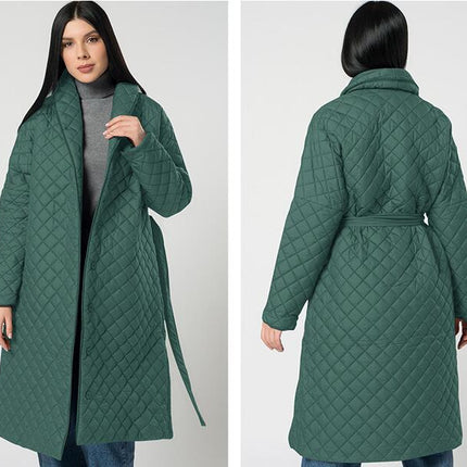 Women's Diamond Quilted Cotton Jacket Winter Lightweight Lapel Tie Mid-Length Casual Jacket