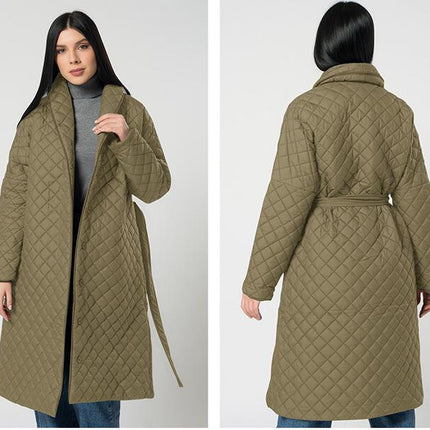 Women's Diamond Quilted Cotton Jacket Winter Lightweight Lapel Tie Mid-Length Casual Jacket