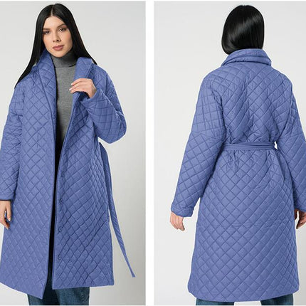 Women's Diamond Quilted Cotton Jacket Winter Lightweight Lapel Tie Mid-Length Casual Jacket