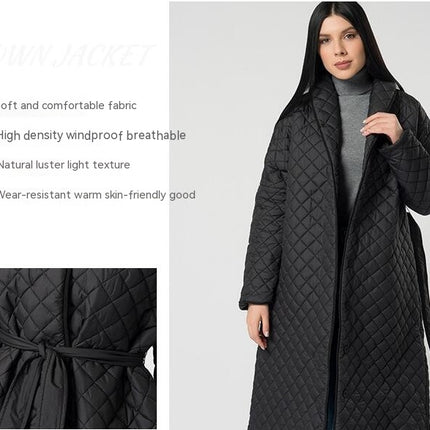 Women's Diamond Quilted Cotton Jacket Winter Lightweight Lapel Tie Mid-Length Casual Jacket