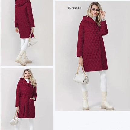 Women's Diamond Quilted Cotton Winter Lightweight Hooded with Belt Mid-Length Casual Jacket