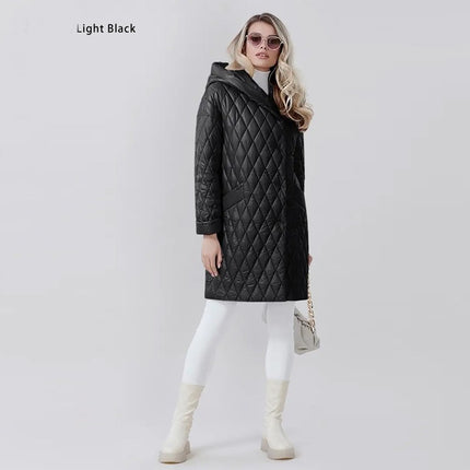 Women's Diamond Quilted Cotton Winter Lightweight Hooded with Belt Mid-Length Casual Jacket