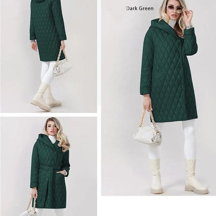 Women's Diamond Quilted Cotton Winter Lightweight Hooded with Belt Mid-Length Casual Jacket