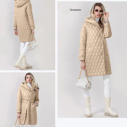 Women's Diamond Quilted Cotton Winter Lightweight Hooded with Belt Mid-Length Casual Jacket