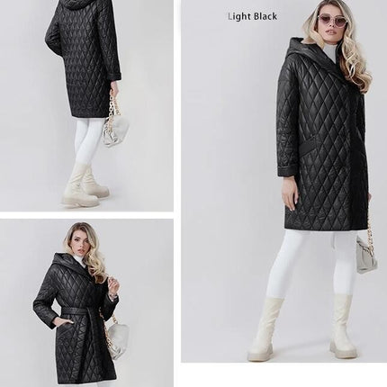 Women's Diamond Quilted Cotton Winter Lightweight Hooded with Belt Mid-Length Casual Jacket