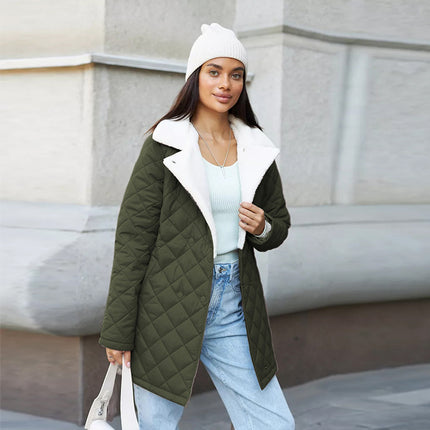 Women's Diamond Quilted Jacket-Lightweight Winter Down Jacket Lapel with Belt Short Casual Jacket