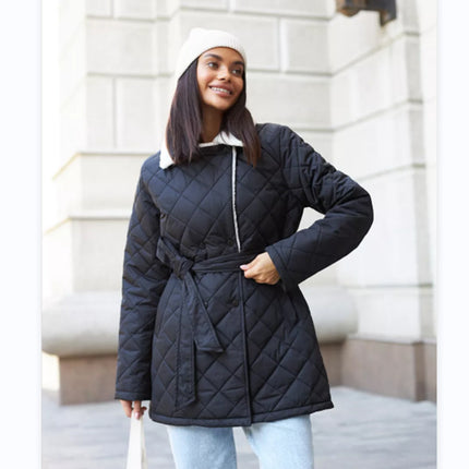 Women's Diamond Quilted Jacket-Lightweight Winter Down Jacket Lapel with Belt Short Casual Jacket