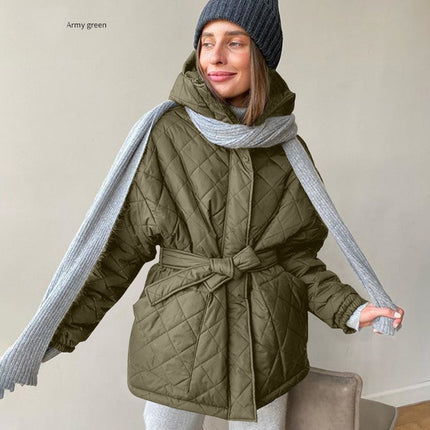 Women's Diamond Quilted Jacket Lightweight Zipper Winter Jacket Hooded Tie Casual Jacket