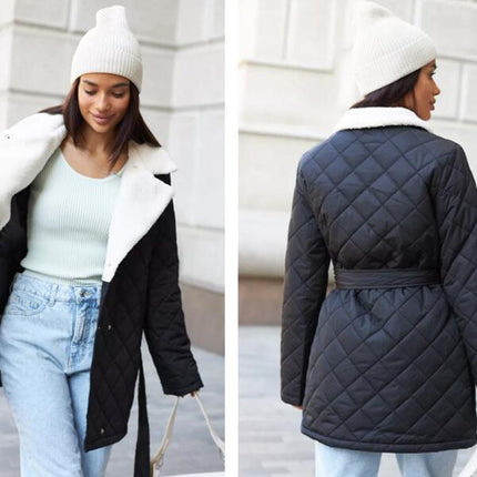 Women's Diamond Quilted Jacket-Lightweight Winter Down Jacket Lapel with Belt Short Casual Jacket