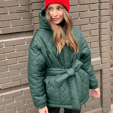 Women's Diamond Quilted Jacket Lightweight Zipper Winter Jacket Hooded Tie Casual Jacket