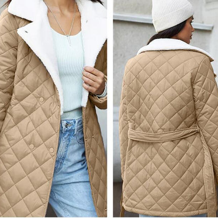 Women's Diamond Quilted Jacket-Lightweight Winter Down Jacket Lapel with Belt Short Casual Jacket