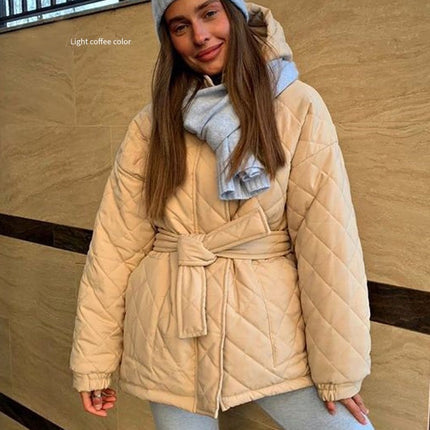 Women's Diamond Quilted Jacket Lightweight Zipper Winter Jacket Hooded Tie Casual Jacket