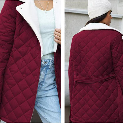 Women's Diamond Quilted Jacket-Lightweight Winter Down Jacket Lapel with Belt Short Casual Jacket