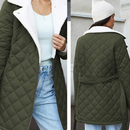 Women's Diamond Quilted Jacket-Lightweight Winter Down Jacket Lapel with Belt Short Casual Jacket