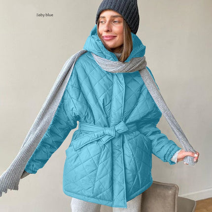 Women's Diamond Quilted Jacket Lightweight Zipper Winter Jacket Hooded Tie Casual Jacket