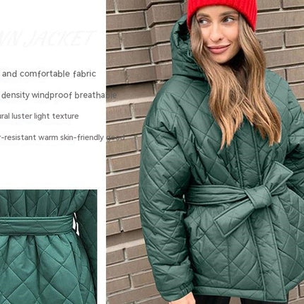 Women's Diamond Quilted Jacket Lightweight Zipper Winter Jacket Hooded Tie Casual Jacket