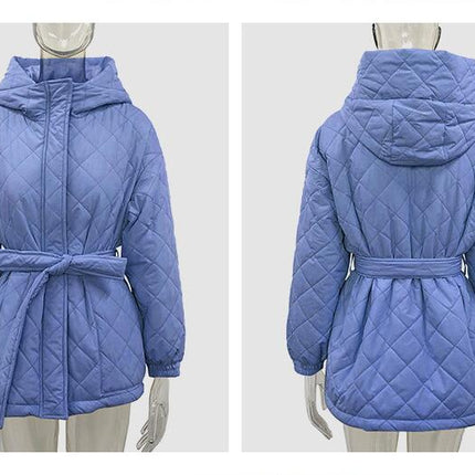 Women's Diamond Quilted Jacket Lightweight Zipper Winter Jacket Hooded Tie Casual Jacket