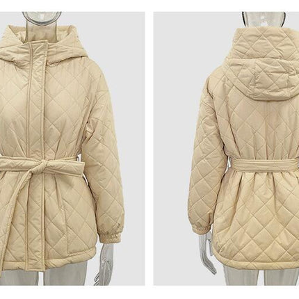 Women's Diamond Quilted Jacket Lightweight Zipper Winter Jacket Hooded Tie Casual Jacket