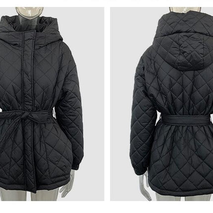 Women's Diamond Quilted Jacket Lightweight Zipper Winter Jacket Hooded Tie Casual Jacket