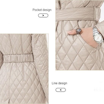 Women's Diamond Quilted Jacket Long Belted Fashion Classic Lapel Slim Coat Jacket