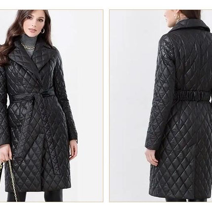 Women's Diamond Quilted Jacket Long Belted Fashion Classic Lapel Slim Coat Jacket