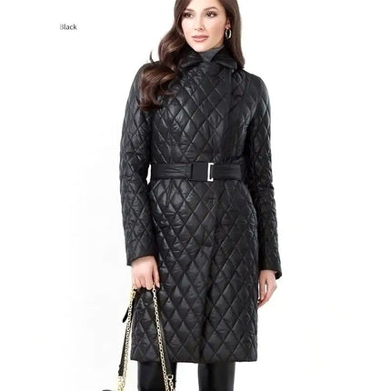 Women's Diamond Quilted Jacket Long Belted Fashion Classic Lapel Slim Coat Jacket