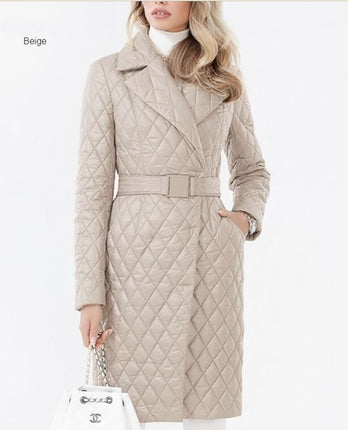 Women's Diamond Quilted Jacket Long Belted Fashion Classic Lapel Slim Coat Jacket