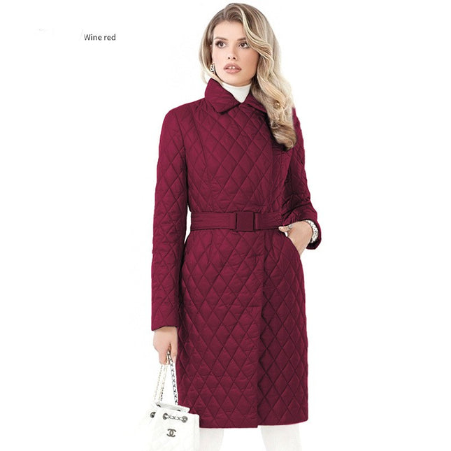 Women's Diamond Quilted Jacket Long Belted Fashion Classic Lapel Slim Coat Jacket