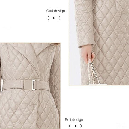 Women's Diamond Quilted Jacket Long Belted Fashion Classic Lapel Slim Coat Jacket