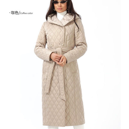 Women's cotton coat long double-breasted fashion classic hooded Slim coat jacket with belt