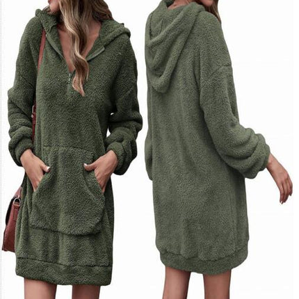 Women's Long Hoodie Outerwear Winter Reversible Fleece Jacket Loose Zipper with Pockets