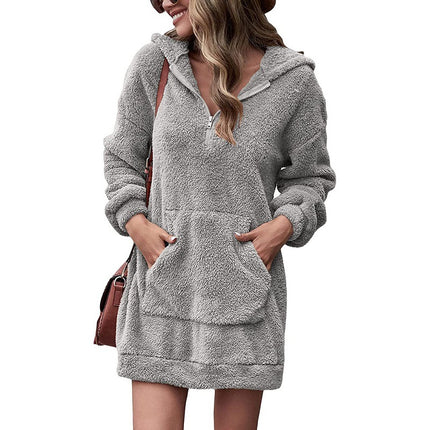 Women's Long Hoodie Outerwear Winter Reversible Fleece Jacket Loose Zipper with Pockets