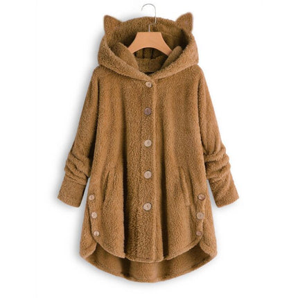 Women's Fleece Rabbit Hood Cardigan Jacket Sherpa Jacket with Pockets Coat