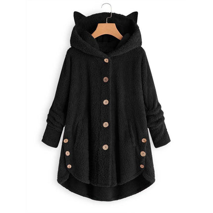 Women's Fleece Rabbit Hood Cardigan Jacket Sherpa Jacket with Pockets Coat