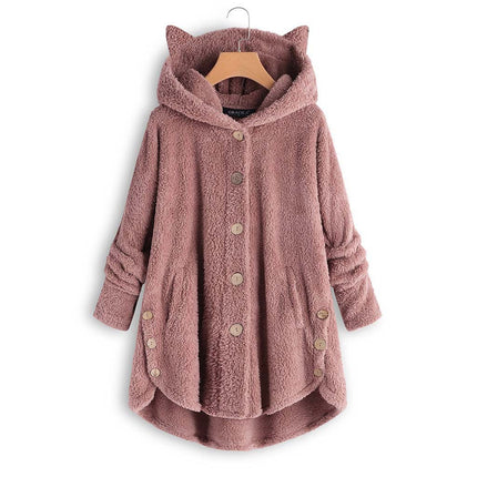 Women's Fleece Rabbit Hood Cardigan Jacket Sherpa Jacket with Pockets Coat