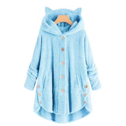 Women's Fleece Rabbit Hood Cardigan Jacket Sherpa Jacket with Pockets Coat